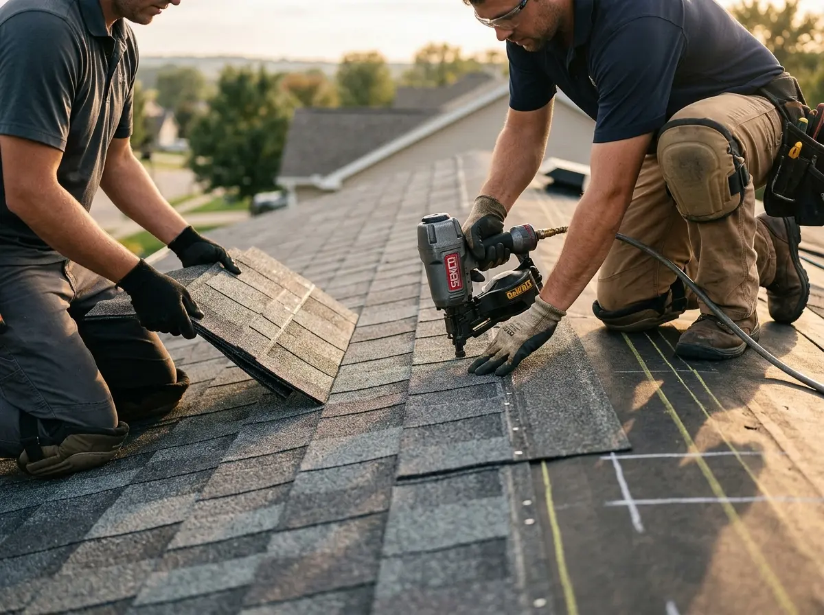 Professional roofer working on a residential roof in Destin